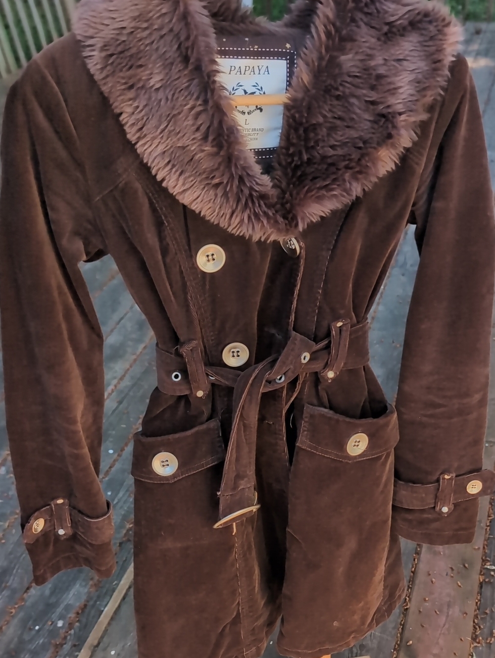 Papaya Brown Faux-Fur Collar Trench Coat - Picture 4 of 5